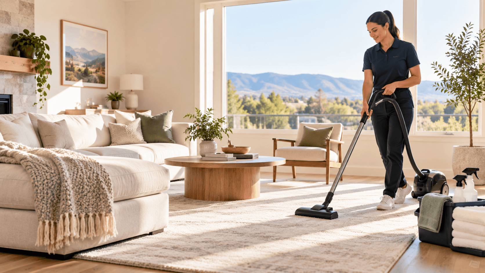Professional cleaner vacuuming a Eugene Oregon home